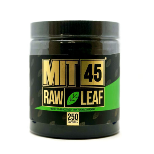 A black jar with a green and gold label that shows MIT 45's green vein kratom capsules.