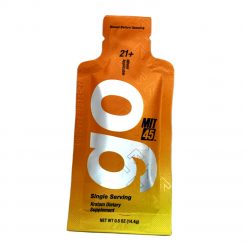 A small pouch with a orange to yellow gradient features the word GO in giant, silver lettering. The package describes the product as a kratom dietary supplement.